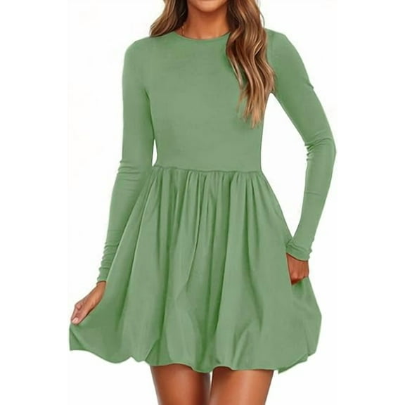 PRETTYGARDEN Fall Dresses for Women Casual Long Sleeve Bubble Cute Crew Neck A Line Mini Short Dress with Pockets