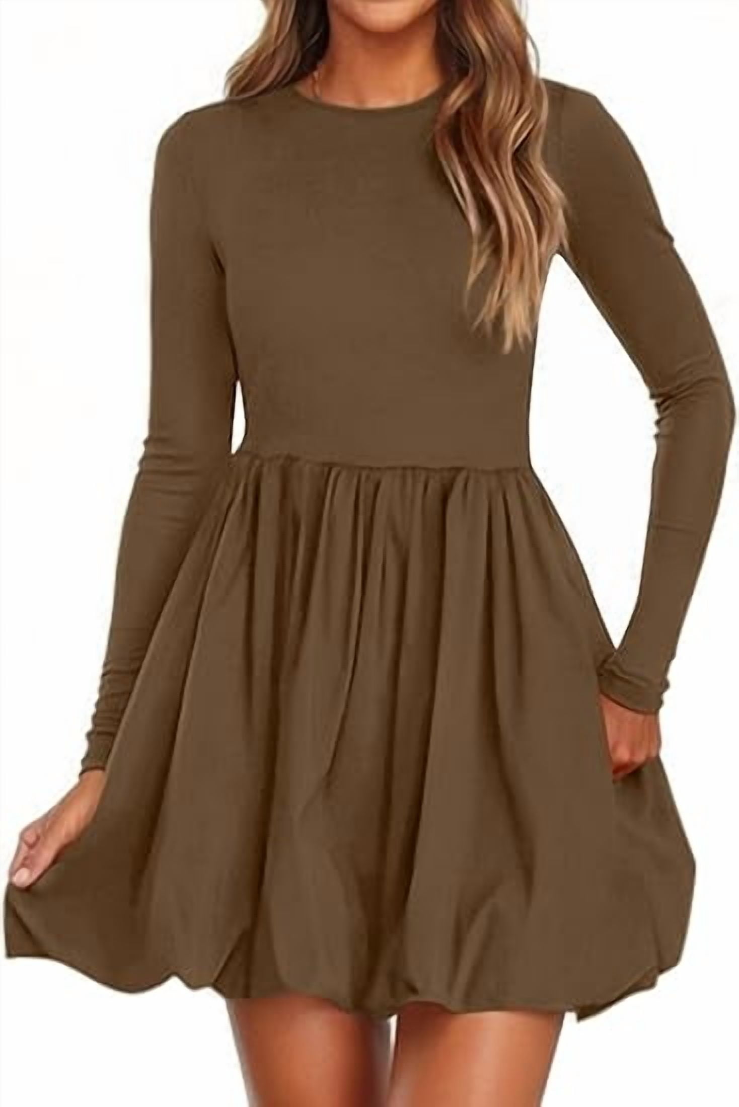 Prettygarden Fall Dresses for Women Casual Long Sleeve Bubble Cute Crew Neck A Line Mini Short Dress with Pockets, Women's, Size: Large, Brown Prettygarden Fall Dresses for Women Casual Long Sleeve Bubble Cute Crew Neck A Line Mini Short Dress with Pockets, Women's, Size: Large, Brown