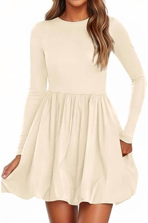 Fall Dresses for Women Casual Long Sleeve Bubble Cute Crew Neck A Line Mini Short Dress with Pockets