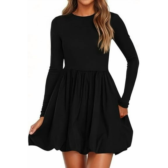 PRETTYGARDEN Fall Dresses for Women Casual Long Sleeve Bubble Cute Crew Neck A Line Mini Short Dress with Pockets
