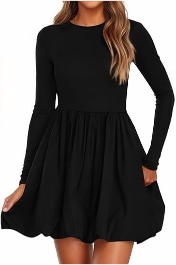 Fall Dresses for Women Casual Long Sleeve Bubble Cute Crew Neck A Line Mini Short Dress with Pockets