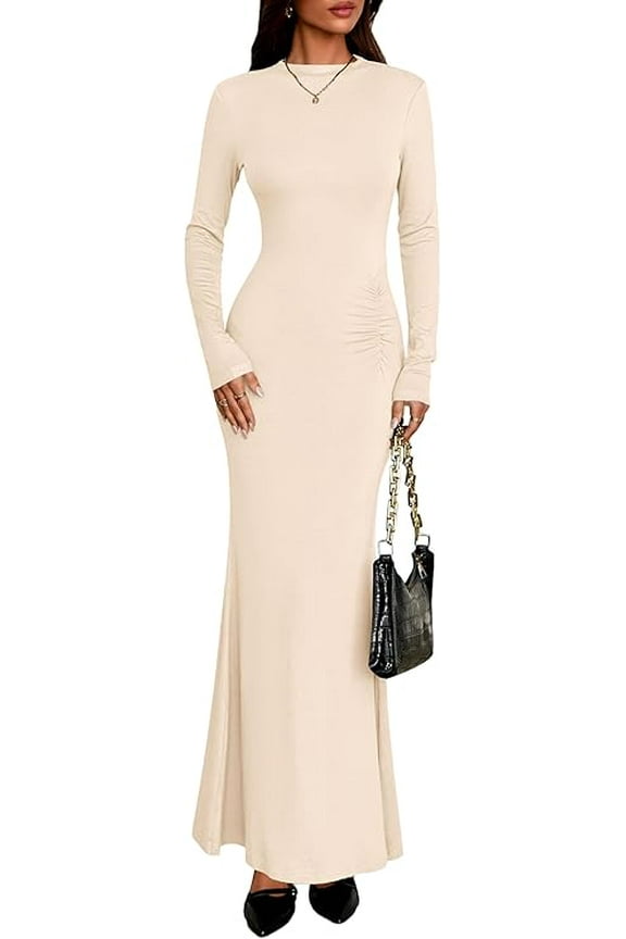 Fall Dresses for Women Long Sleeve Bodycon Mock Neck Ruched Maxi Formal Cocktail Wedding Guest Dress