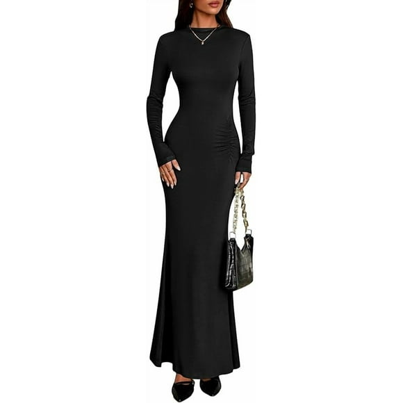Fall Dresses for Women Long Sleeve Bodycon Mock Neck Ruched Maxi Formal Cocktail Wedding Guest Dress