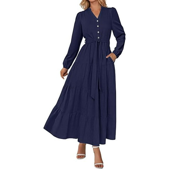 PRETTYGARDEN Fall Dresses for Women Long Sleeve V Neck Belted Ruffle A Line Flowy Boho Maxi Wedding Guest Dress Pockets