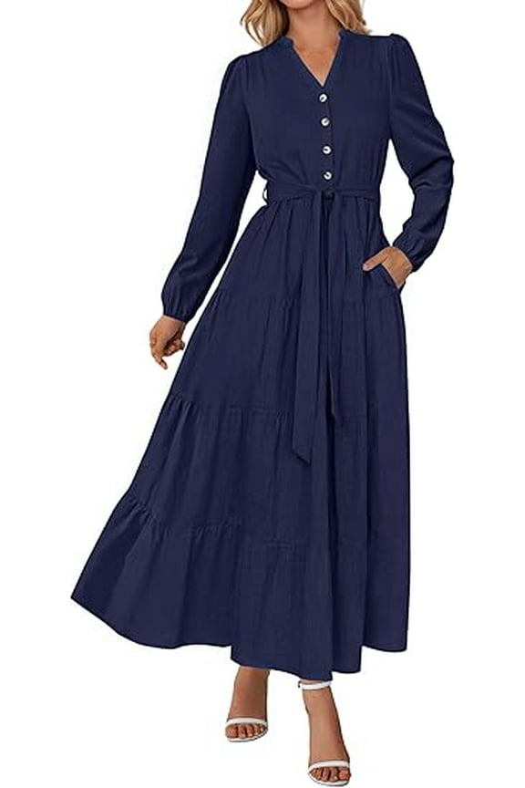 Fall Dresses for Women Long Sleeve V Neck Belted Ruffle A Line Flowy Boho Maxi Wedding Guest Dress Pockets