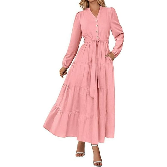 PRETTYGARDEN Fall Dresses for Women Long Sleeve V Neck Belted Ruffle A Line Flowy Boho Maxi Wedding Guest Dress Pockets