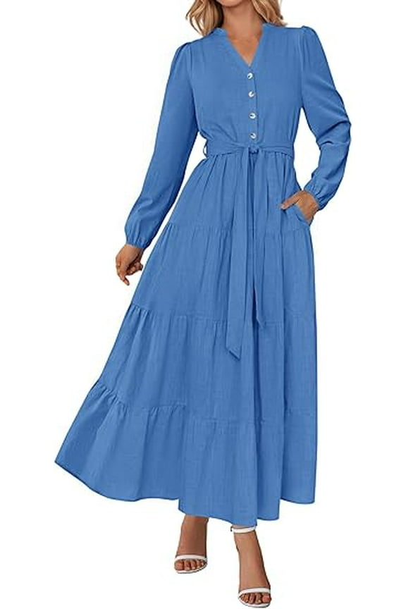 Fall Dresses for Women Long Sleeve V Neck Belted Ruffle A Line Flowy Boho Maxi Wedding Guest Dress Pockets