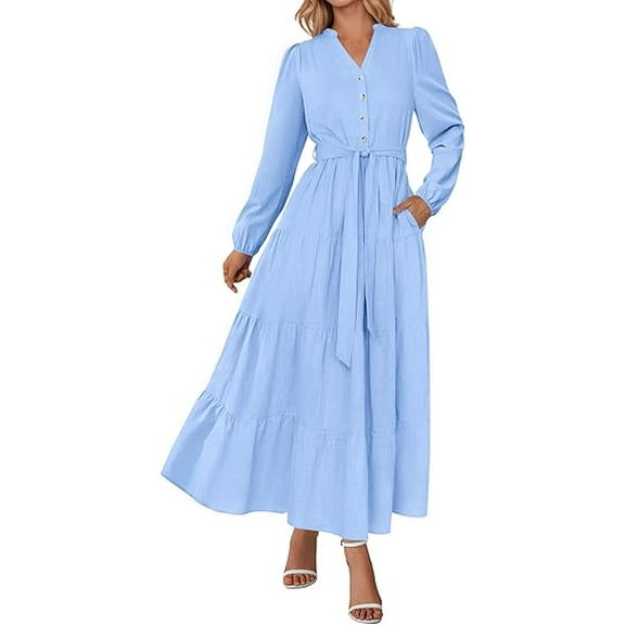 PRETTYGARDEN Fall Dresses for Women Long Sleeve V Neck Belted Ruffle A Line Flowy Boho Maxi Wedding Guest Dress Pockets