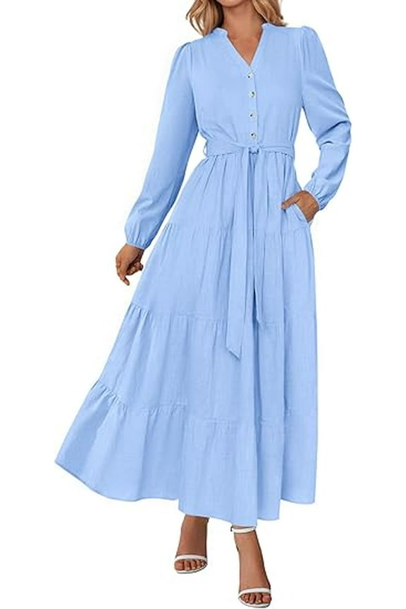 Fall Dresses for Women Long Sleeve V Neck Belted Ruffle A Line Flowy Boho Maxi Wedding Guest Dress Pockets