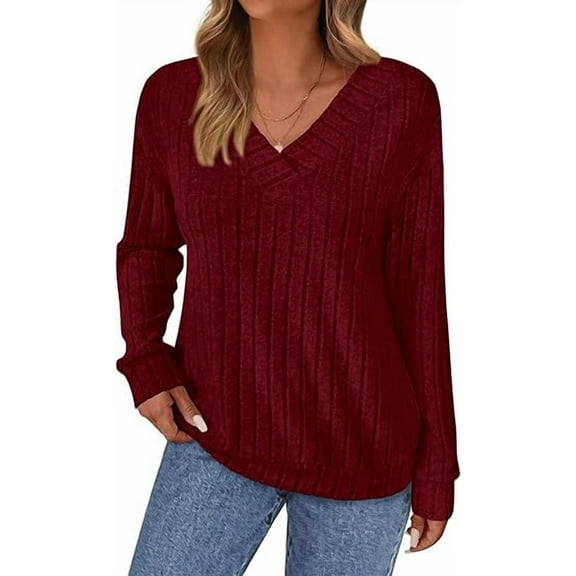 PRETTYGARDEN Fall Fashion Long Sleeve Shirts for Women Ribbed Knit V Neck Dressy Casual Lightweight Sweaters Tunic Tops