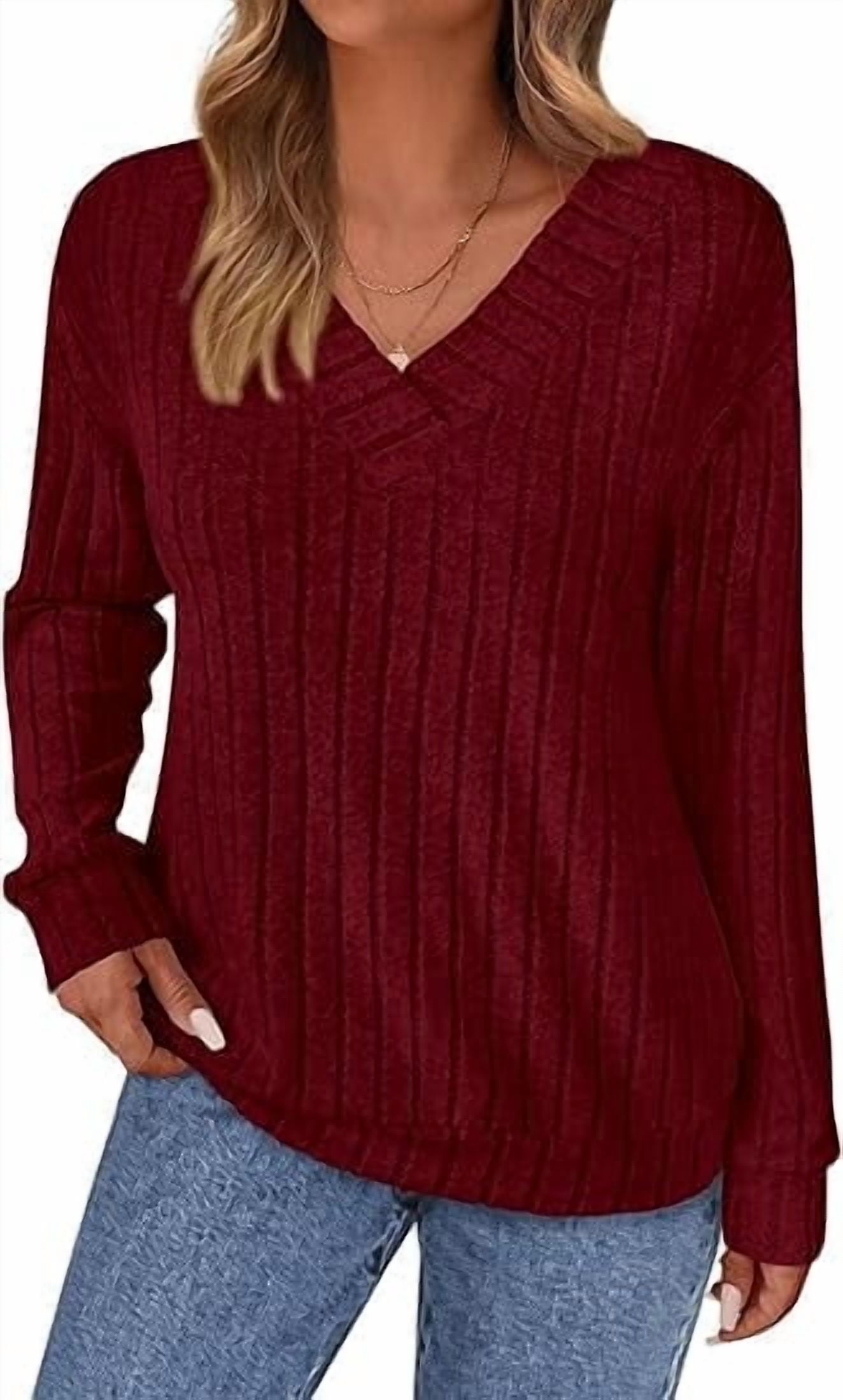 PRETTYGARDEN Long Sleeve Ribbed Knit V Neck Top for Women - Walmart.com