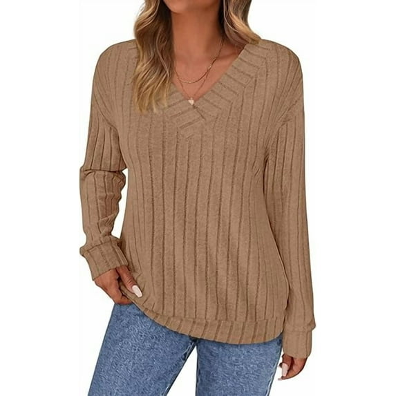 PRETTYGARDEN Fall Fashion Long Sleeve Shirts for Women Ribbed Knit V Neck Dressy Casual Lightweight Sweaters Tunic Tops