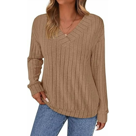 PRETTYGARDEN Fall Fashion Long Sleeve Shirts for Women Ribbed Knit V Neck Dressy Casual Lightweight Sweaters Tunic Tops