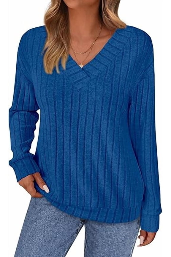 Fall Fashion Long Sleeve Shirts for Women Ribbed Knit V Neck Dressy Casual Lightweight Sweaters Tunic Tops