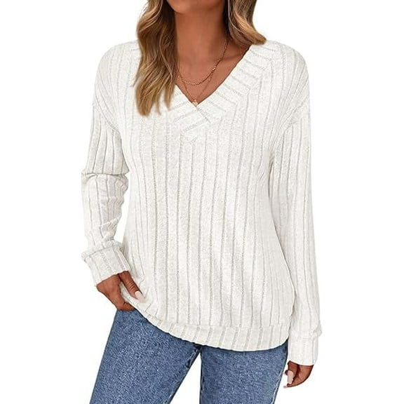 PRETTYGARDEN Fall Fashion Long Sleeve Shirts for Women Ribbed Knit V Neck Dressy Casual Lightweight Sweaters Tunic Tops