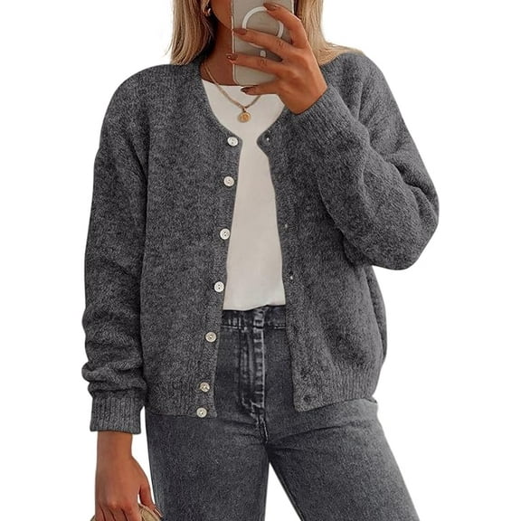 PRETTYGARDEN Fall Long Sleeve Cardigans for Women Trendy Open Front Winter Button Down Crewneck Soft Knit Sweater Jacket