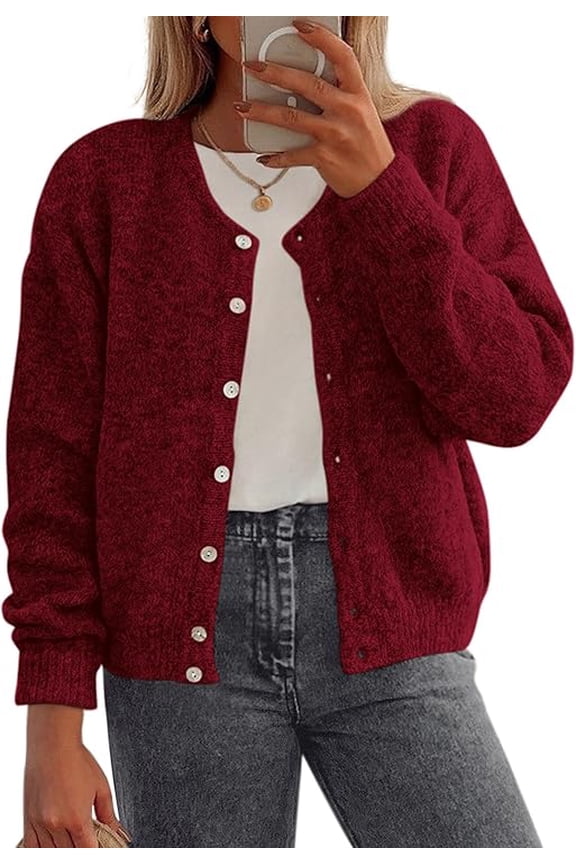 Fall Long Sleeve Cardigans for Women Trendy Open Front Winter Button Down Crewneck Soft Knit Sweater Jacket