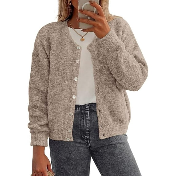 PRETTYGARDEN Fall Long Sleeve Cardigans for Women Trendy Open Front Winter Button Down Crewneck Soft Knit Sweater Jacket