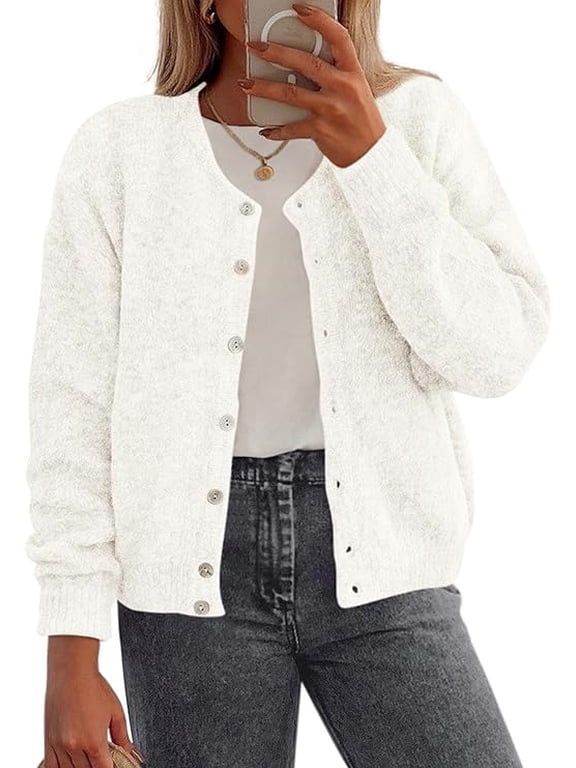 Fall Long Sleeve Cardigans for Women Trendy Open Front Winter Button Down Crewneck Soft Knit Sweater Jacket