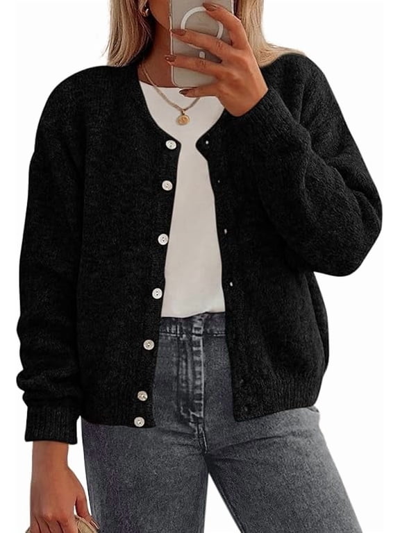 Fall Long Sleeve Cardigans for Women Trendy Open Front Winter Button Down Crewneck Soft Knit Sweater Jacket