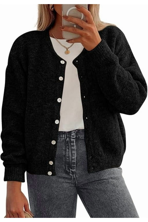 Fall Long Sleeve Cardigans for Women Trendy Open Front Winter Button Down Crewneck Soft Knit Sweater Jacket