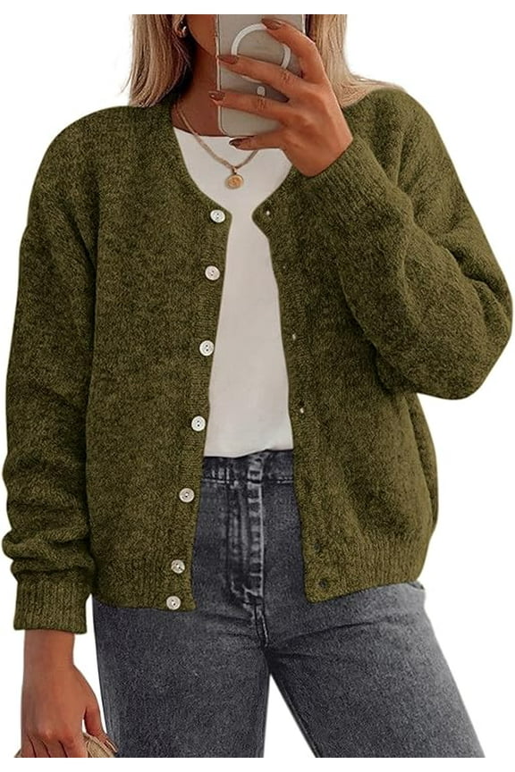 Fall Long Sleeve Cardigans for Women Trendy Open Front Winter Button Down Crewneck Soft Knit Sweater Jacket