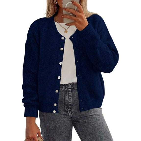 PRETTYGARDEN Fall Long Sleeve Cardigans for Women Trendy Open Front Winter Button Down Crewneck Soft Knit Sweater Jacket