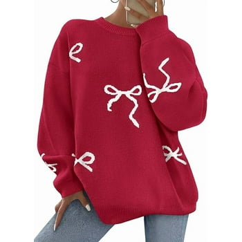 PRETTYGARDEN Fall Long Sleeve Pullover Sweaters for Women Trendy Crewneck Casual Cute Bow Chunky Knit Oversized Sweater