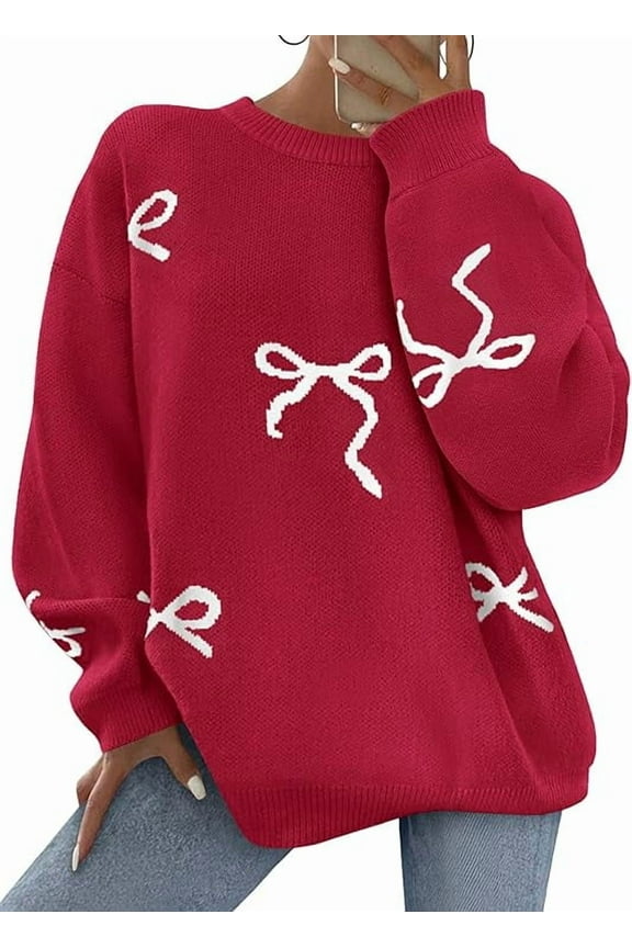 Fall Long Sleeve Pullover Sweaters for Women Trendy Crewneck Casual Cute Bow Chunky Knit Oversized Sweater