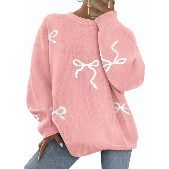 PRETTYGARDEN Fall Long Sleeve Pullover Sweaters for Women Trendy Crewneck Casual Cute Bow Chunky Knit Oversized Sweater