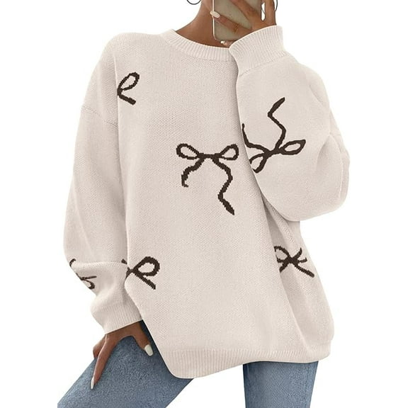 PRETTYGARDEN Fall Long Sleeve Pullover Sweaters for Women Trendy Crewneck Casual Cute Bow Chunky Knit Oversized Sweater