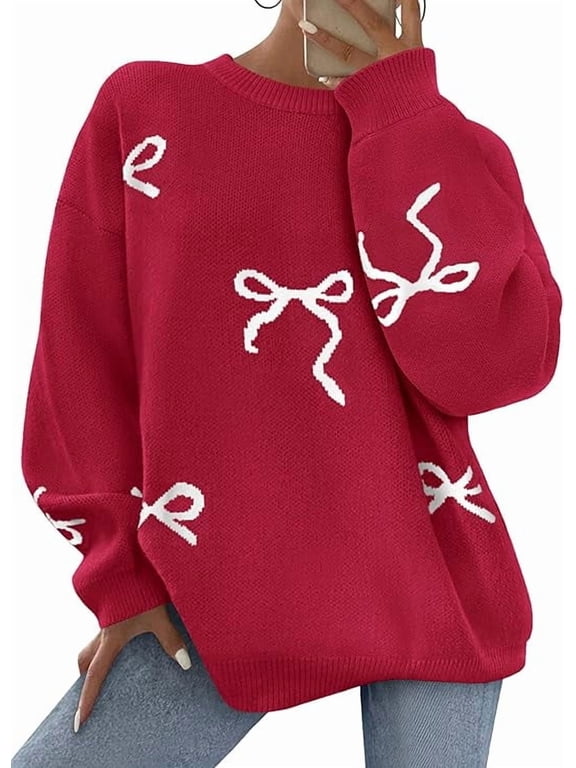 Fall Long Sleeve Pullover Sweaters for Women Trendy Crewneck Casual Cute Bow Chunky Knit Oversized Sweater