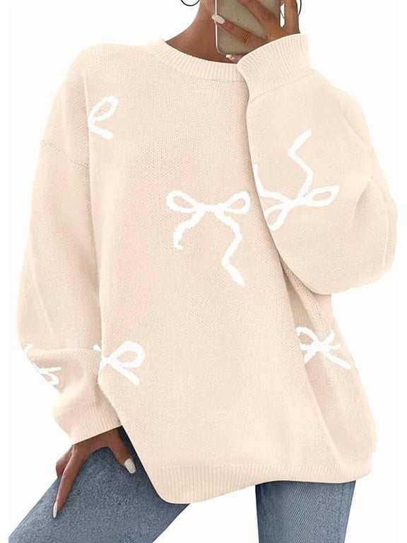 Fall Long Sleeve Pullover Sweaters for Women Trendy Crewneck Casual Cute Bow Chunky Knit Oversized Sweater