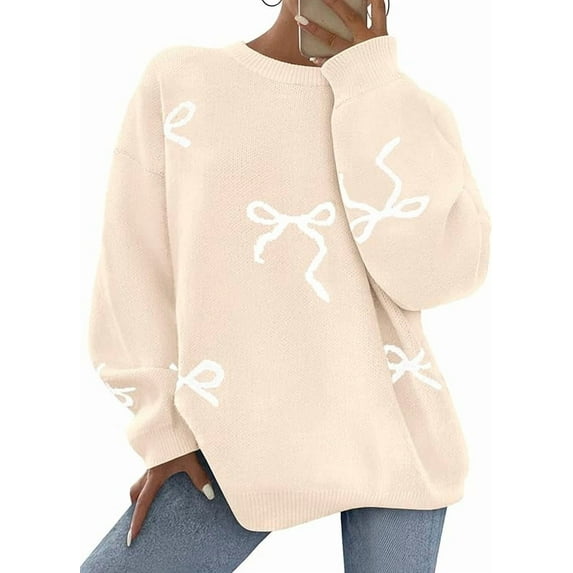 PRETTYGARDEN Fall Long Sleeve Pullover Sweaters for Women Trendy Crewneck Casual Cute Bow Chunky Knit Oversized Sweater