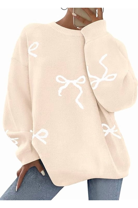 Fall Long Sleeve Pullover Sweaters for Women Trendy Crewneck Casual Cute Bow Chunky Knit Oversized Sweater