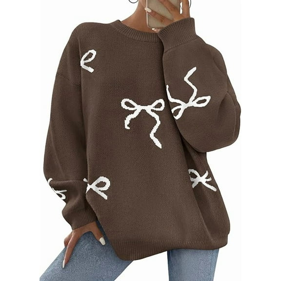 PRETTYGARDEN Fall Long Sleeve Pullover Sweaters for Women Trendy Crewneck Casual Cute Bow Chunky Knit Oversized Sweater