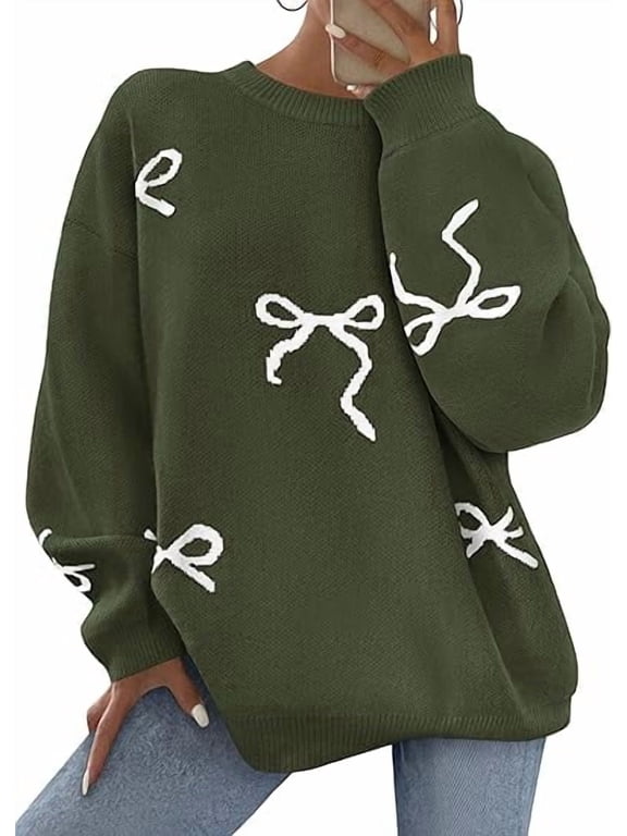 Fall Long Sleeve Pullover Sweaters for Women Trendy Crewneck Casual Cute Bow Chunky Knit Oversized Sweater