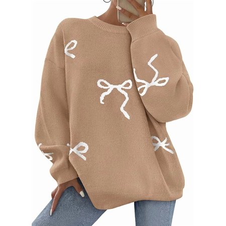 PRETTYGARDEN Fall Long Sleeve Pullover Sweaters for Women Trendy Crewneck Casual Cute Bow Chunky Knit Oversized Sweater