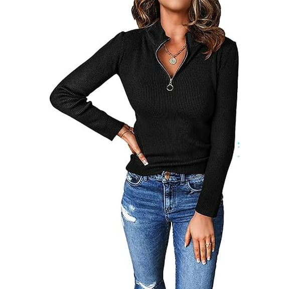PRETTYGARDEN Fall Quarter Zip Pullover Sweaters for Women Long Sleeve Collared Fitted Ribbed Knit Tops