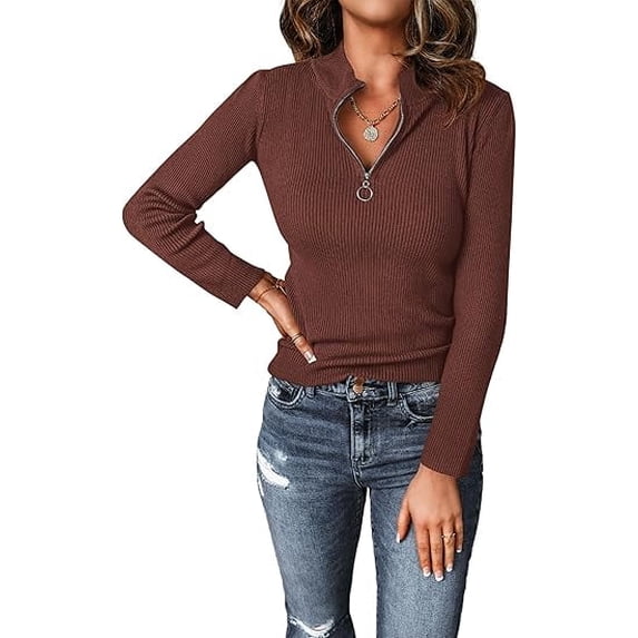 PRETTYGARDEN Fall Quarter Zip Pullover Sweaters for Women Long Sleeve Collared Fitted Ribbed Knit Tops