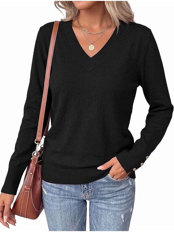 Fall Sweaters for Women V Neck Lightweight Pullover Soft Knit Sweater Tops,Long Sleeve,Slit Cuffs with Decorative,Layering Winter Clothes