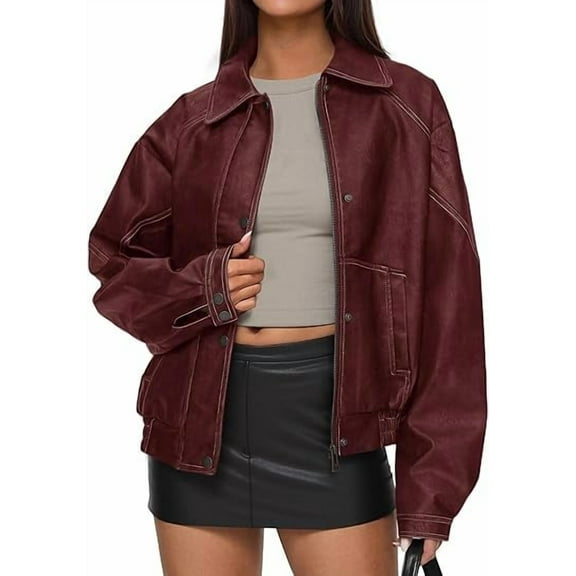PRETTYGARDEN Faux Leather Jacket Women Bomber Motorcycle Zip Up Jackets Oversized Fall Fashion Outfits Winter Coats