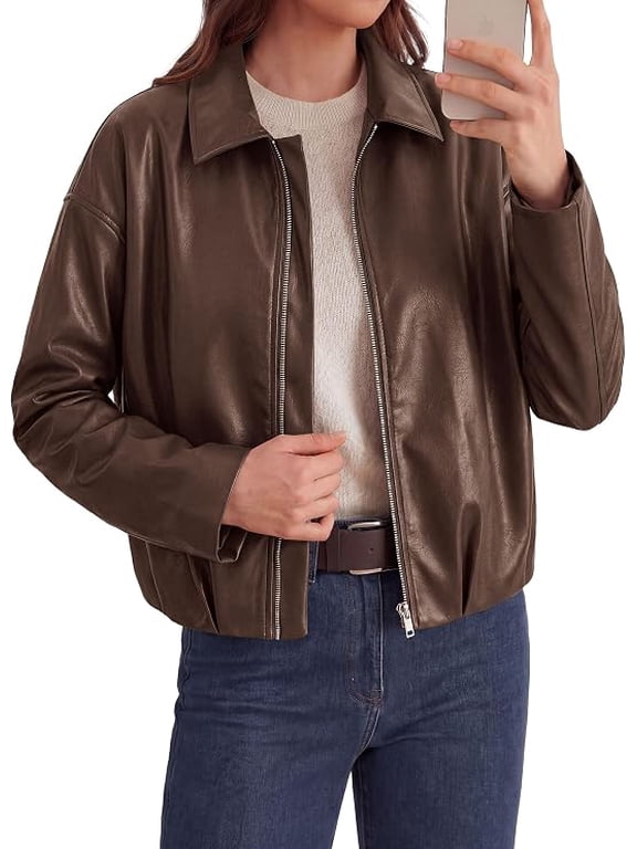 Faux Leather Motorcycle Jackets Womens Coat Cropped, Zip Up Collared, Trendy Fall Outerwear, Gathered Hem, Winter Layering Clothes, Casual Going Out Date Night Outfit