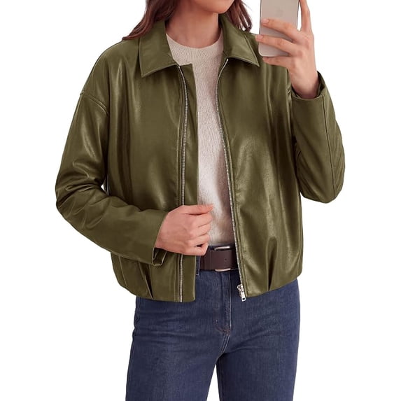 PRETTYGARDEN Faux Leather Motorcycle Jackets Womens Coat Cropped, Zip Up Collared, Trendy Fall Outerwear, Gathered Hem, Winter Layering Clothes, Casual Going Out Date Night Outfit