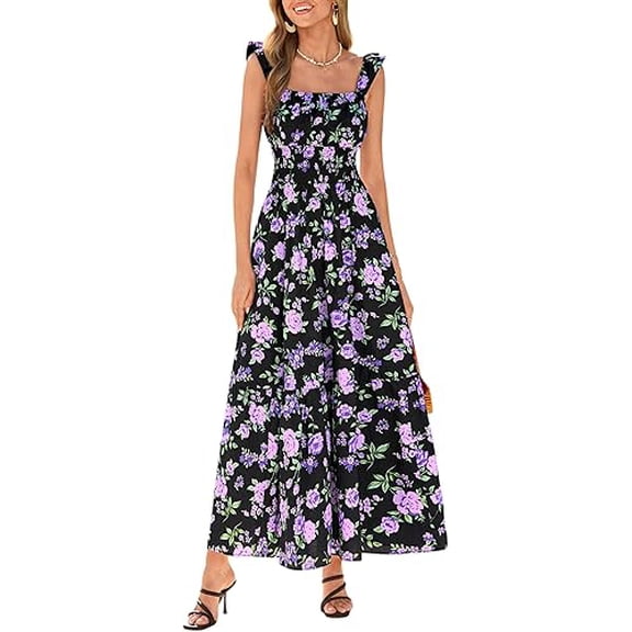 PRETTYGARDEN Floral Dress for Women Summer Boho Maxi Sundresses Smocked Long Flowy Spring Beach Wedding Guest Dresses