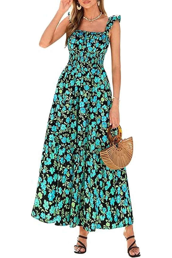Floral Dress for Women Summer Boho Maxi Sundresses Smocked Long Flowy Spring Beach Wedding Guest Dresses