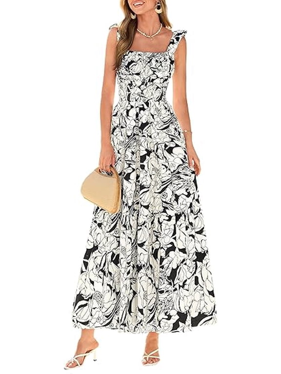 Floral Dress for Women Summer Boho Maxi Sundresses Smocked Long Flowy Spring Beach Wedding Guest Dresses
