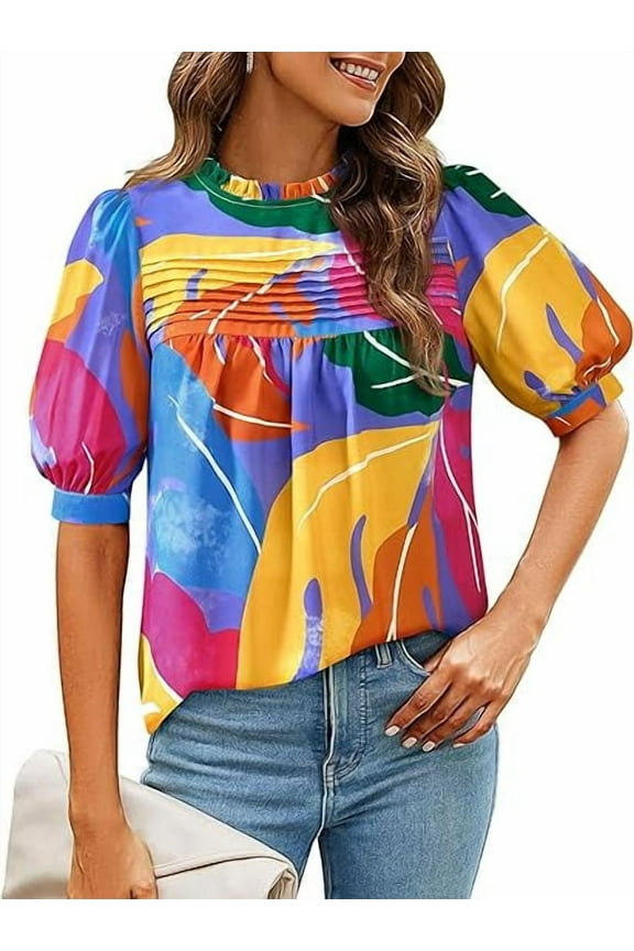 Floral Tops for Women Blouses Dressy Casual Summer Trendy Outfits Boho Pleated Short Sleeve Shirts