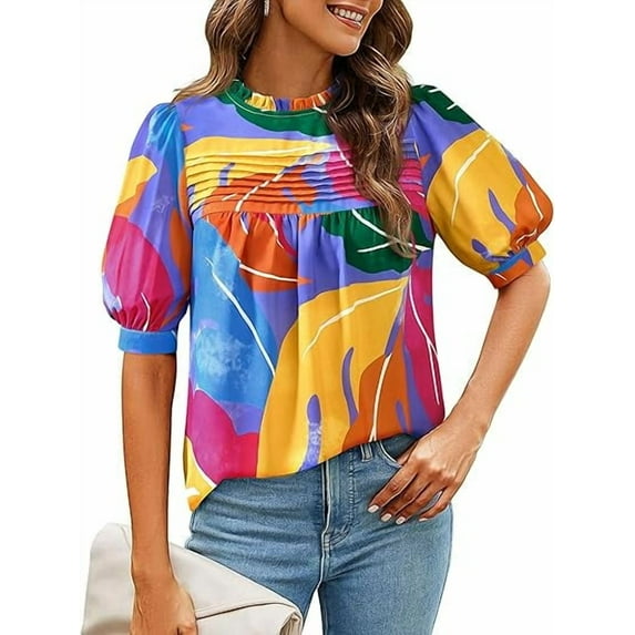 PRETTYGARDEN Floral Tops for Women Blouses Dressy Casual Summer Trendy Outfits Boho Pleated Short Sleeve Shirts