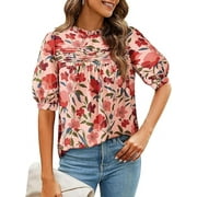 PRETTYGARDEN Floral Tops for Women Blouses Dressy Casual Summer Trendy Outfits Boho Pleated Short Sleeve Shirts